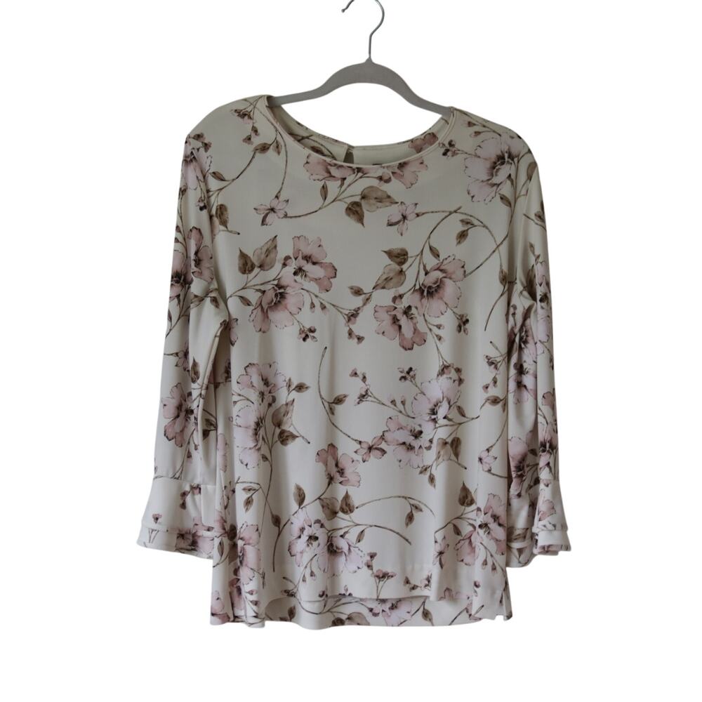 Vintage Karl Lagerfeld Women's Large Cream Floral Blouse Bell Sleeve Cottagecore